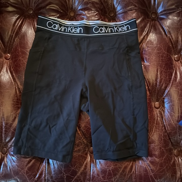 Calvin Klein Performance Logo Waist High Rise Bike Shorts SZ M Side Pockets - Picture 9 of 10
